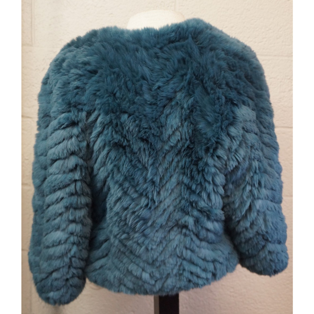 Barneys New York Teal Real Rabbit Fur Jacket Cropped Jagger Luxury Coat Size S - Picture 6 of 15